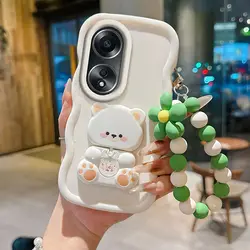 Wavy Cat Bracket Lanyard Silicone Phone Case Cover for OPPO A59 5G (White)
