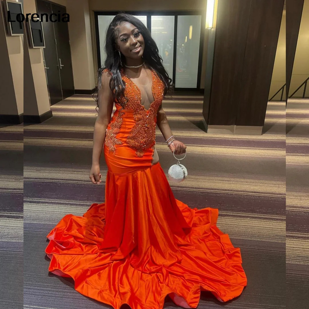

Lorencia Glitter Orange Mermaid Long Prom Dress For Black Girls Beaded Daimond Crystals Party Gown Vestidos De Festa YPD144