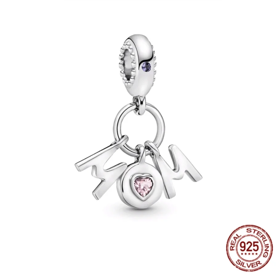 925 Sterling Silver Mom Letters Heart Double Dangle Charm Bead Fit Original Pandora Bracelet Fashion Jewelry Gift For Women