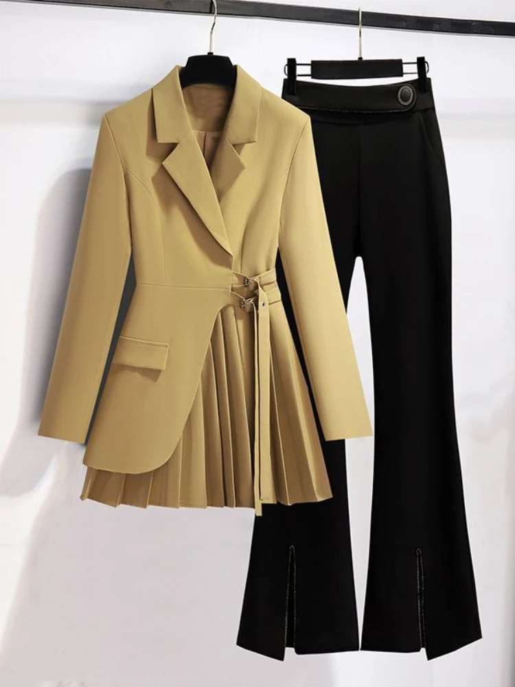 

Women's Solid Color Office Suit New Spring Autumn Long Sleeve Pleated Suit Bell-Bottoms Fashion Elegant Temperament Senior Lady