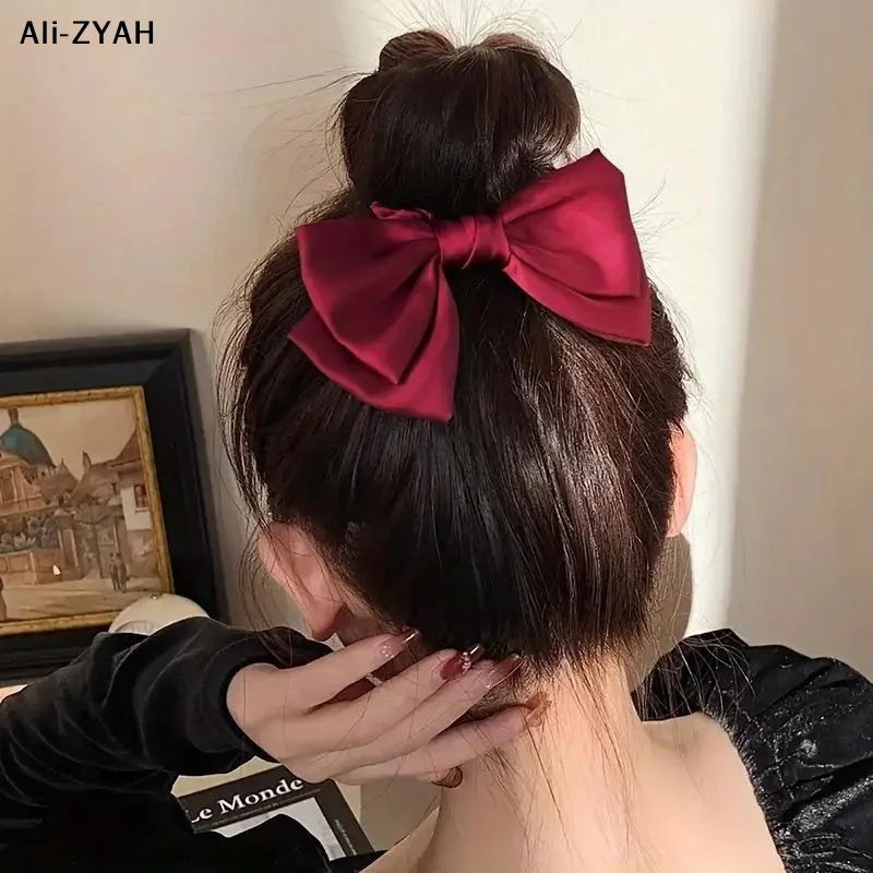 Elegant Satin French Bow Scrunchie - Luxury Textured Hair Accessory