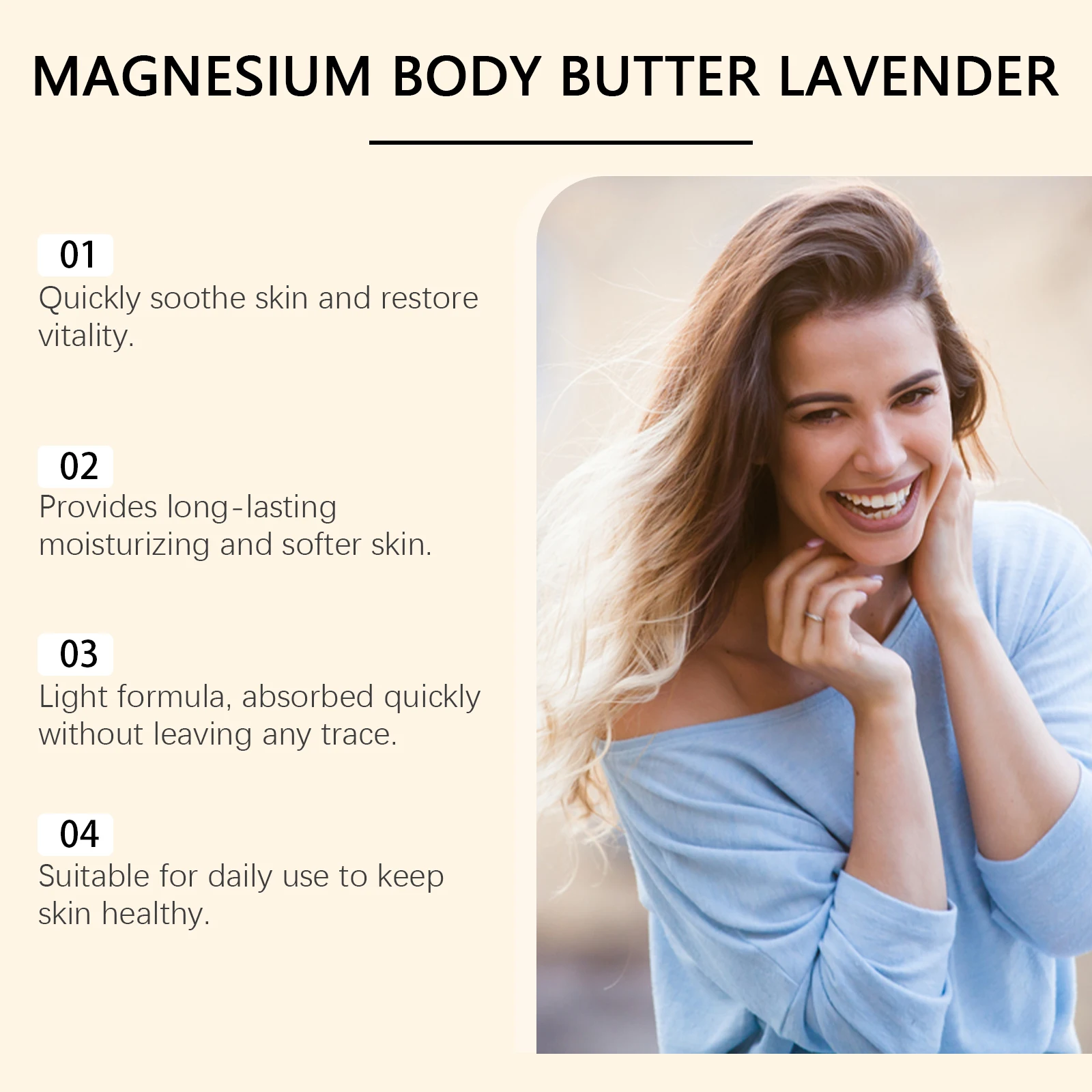 Lavender Magnesium Body Butter - a moisturizing cream suitable for dry skin, emitting a relaxing fragrance, mild and non-greasy.