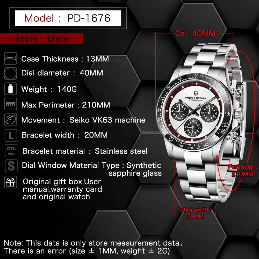 PAGANI DESIGN 2024 New Men Quartz Wristwatch Fashion Ceramic Bezel Chronograph Stopwatch Waterproof 100m Stainless Watch for Men