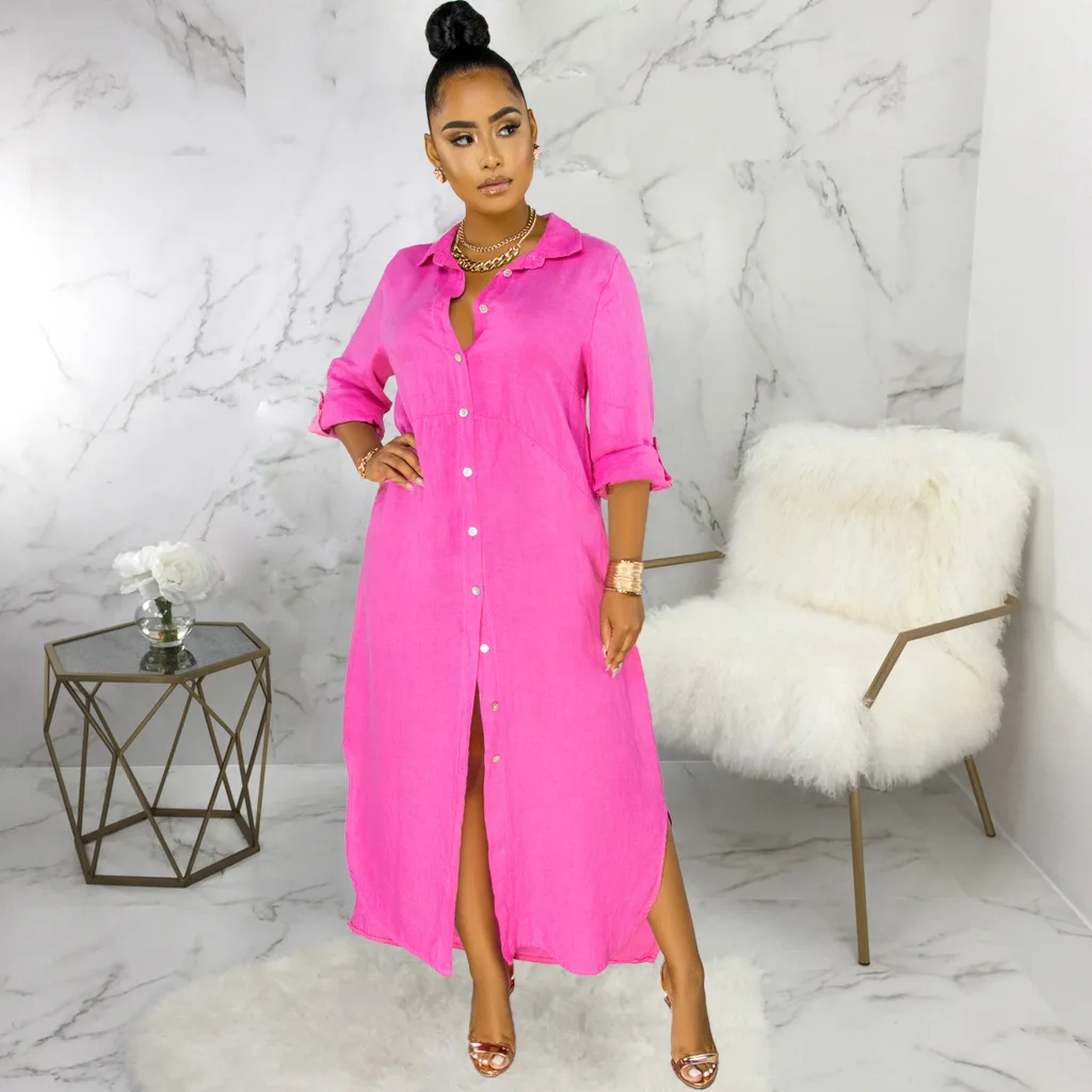 

Женское однобортное платье-рубашка с длинным рукавом, свободного покроя