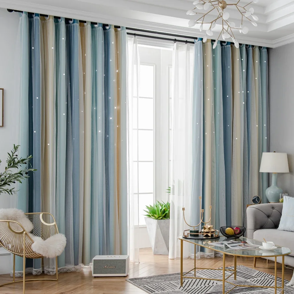 Ahoyikaa Shiny Hollow Stars Double Blackout Curtains Gradient Color Cloth White Sheer Yarn For Living Room Bedroom Decoration 3