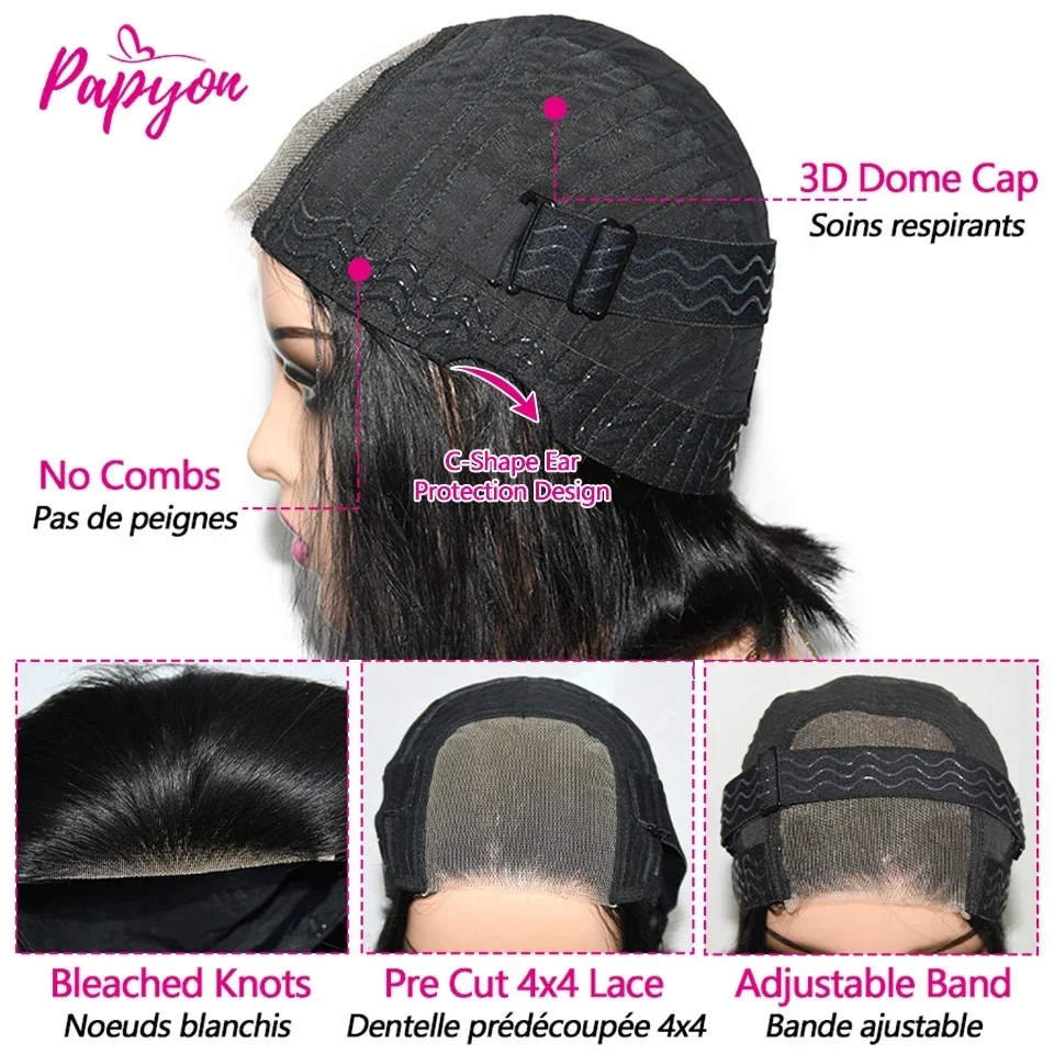 Short Bob Wigs Straight Glueless Wig Ready To Wear Human Hair Wigs Pre Cut 4x4 Elastic Drawstring Upgraded No Glue Lace Air Wig 6