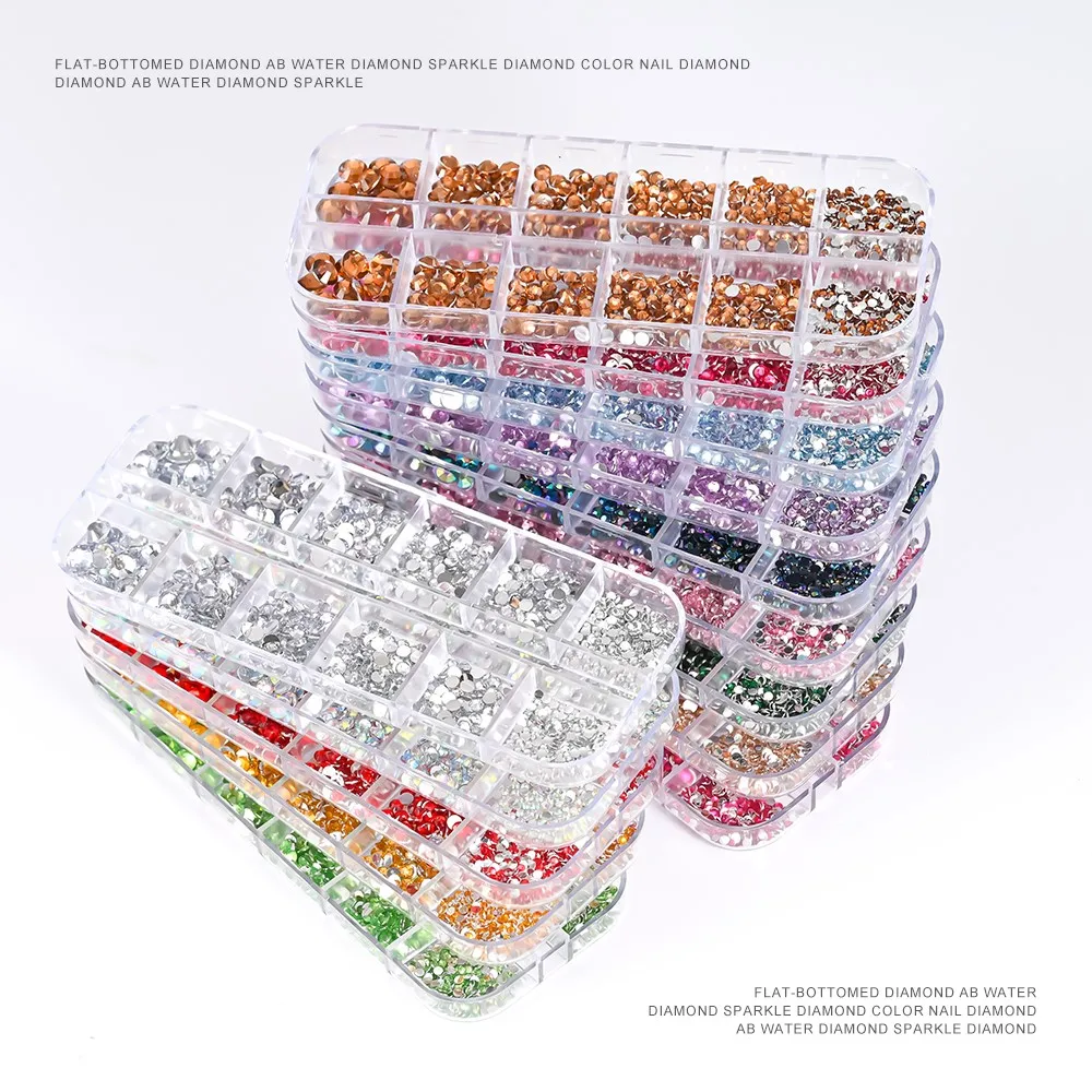 12 Griglie 3D Glass Crystal Nail Art Strass Non Hotfix Flatback Round Bead Nail Jewelry Charm Gem Stones Diamond Manicure Parts