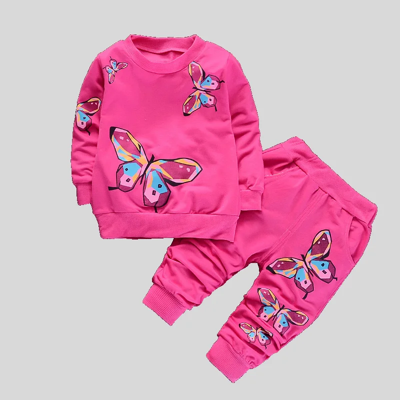 Girls 2Pcs Tracksuit Colorful Butterfly Print Crew Neck Long Sleeve Sweatshirt Elastic Cuff Jogger Pants Kids Casual Outfit Set 1