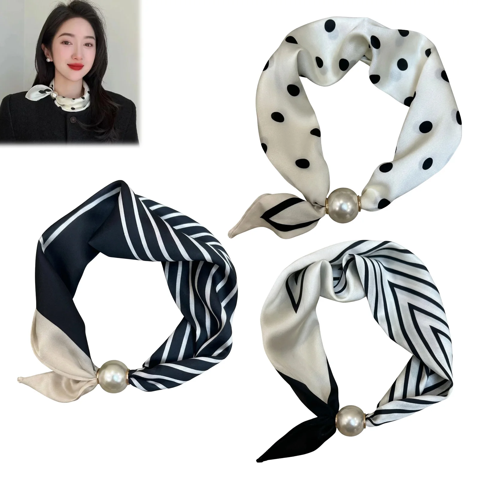 Pearl Silk Scarves For Women Ties Magnetic Clasp French Retro Silk Feel Neck Bows Jewelry Elegant Adjustable Summer bech scarves - 2