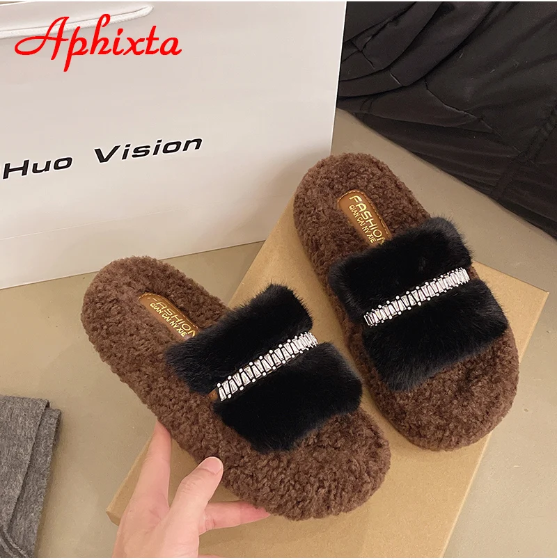 Aphixta 4.5cm Platform Women Warm Cotton Slippers Flat With Bling Shoes Open Toe Slip On Fashion Ladies Shoes