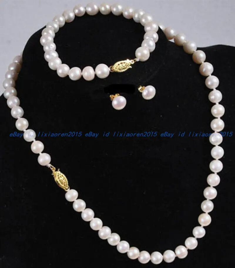 

Natural 7-8MM White Freshwater Cultured Pearl Necklace Bracelet Earring Set