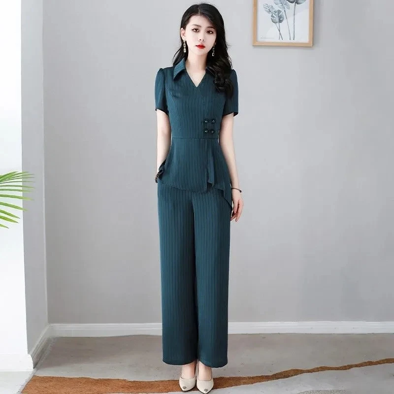 

Костюм женский свободный из двух предметов, топ и брюки с широкими штанинами, с коротким рукавом, C213