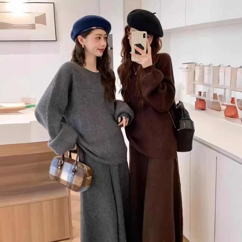 여성용 중간 길이 니트 세트, 단색 브이넥 풀오버, 2024 가을 및 겨울 모델, 달콤한 산뜻한 바람 스웨터