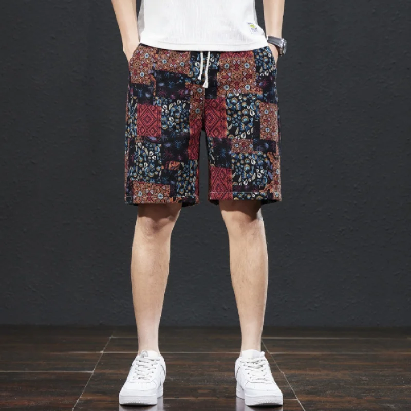 Beach pants men's summer thin ethnic style printed capris, trendy loose, elastic, breathable BOY's shorts