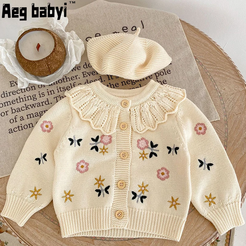 

Baby Girls Sweater Flower Embroidered Ruff Collar Knitted Cotton Long Sleeved Cardigan Coat Spring New Toddler Girls Clothes