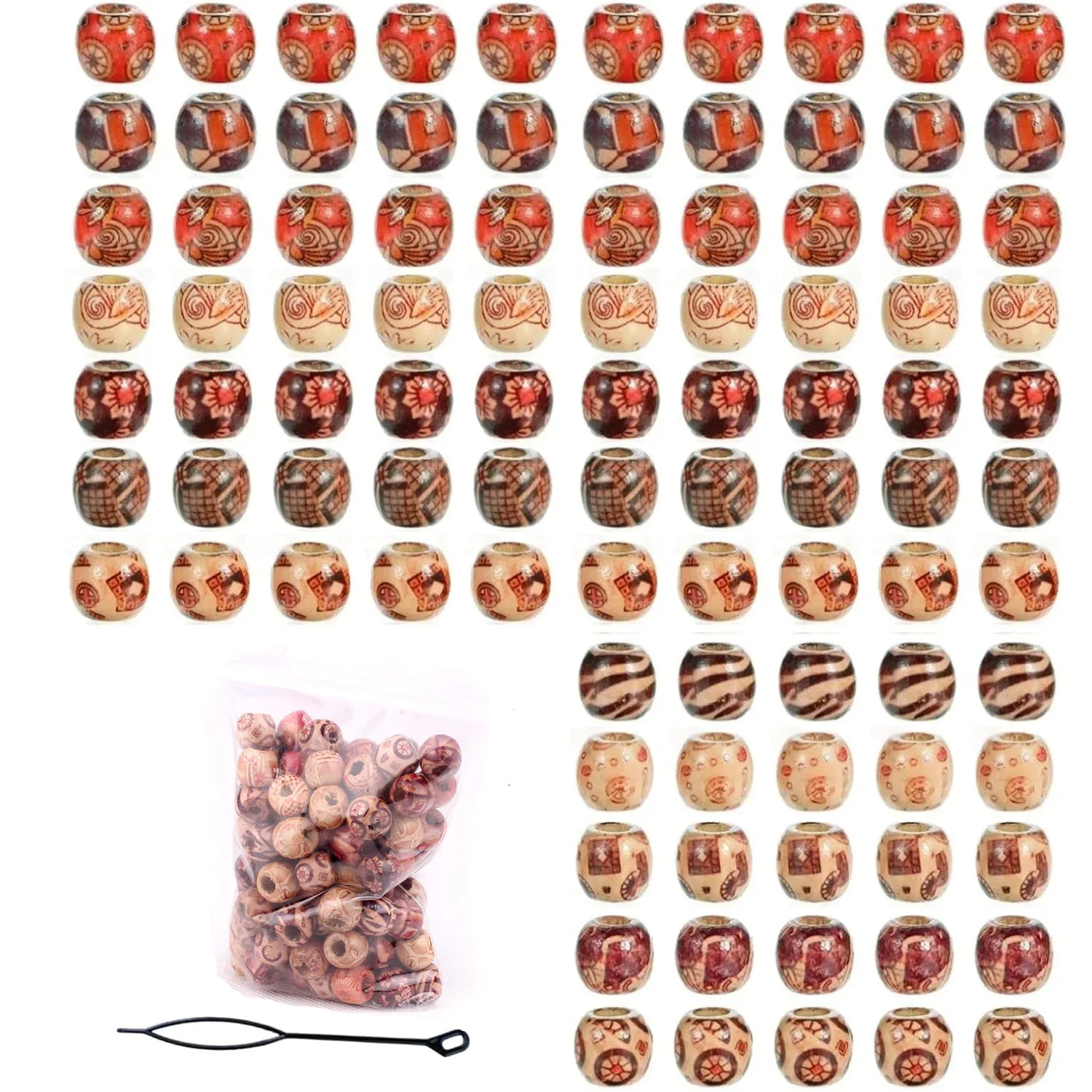100개 나무 헤어 비즈, 브레이드 및 드레드락용, 12mm 페인트칠된 천연 나무 비즈, 여성용 드레드락 헤어 액세서리