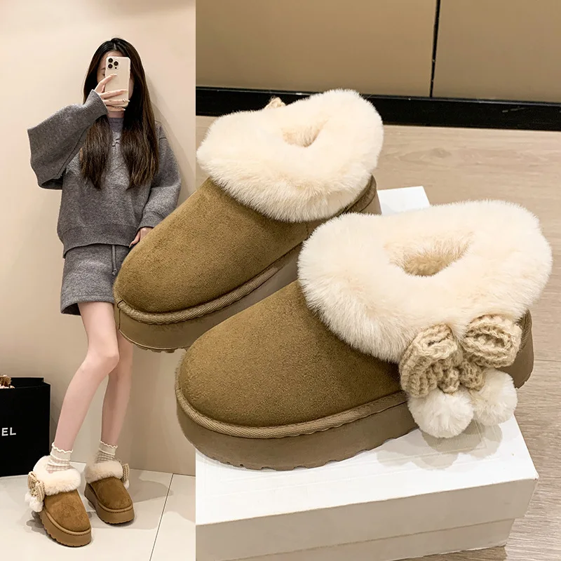 Sweet Fur Ball Bowknot Fluffy Snow Boots Women Winter Thicken Warm Plush Cotton Shoes Woman Faux Fur Platform Ankle Botas Mujer