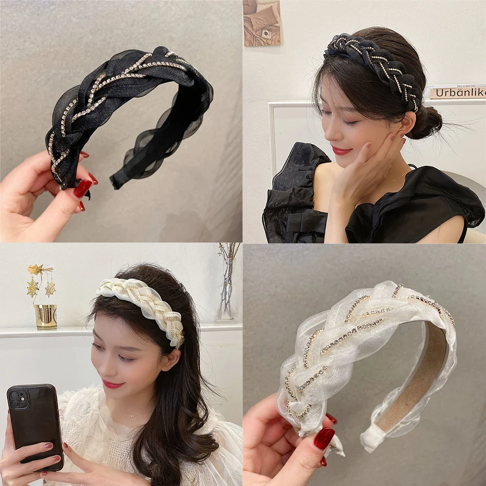 Summer Braided Glitter Diamond Ogen Yarn Wide-Edged Hair Hoop Twist High Headband Lace Headwear Women 2022 New Hair Accessories