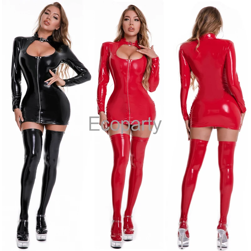 

Новинка, женские сексуальные платья из искусственной кожи, черное эластичное латексное блестящее облегающее мини-платье на молнии с длинным рукавом и носками, женские сексуальные колготки