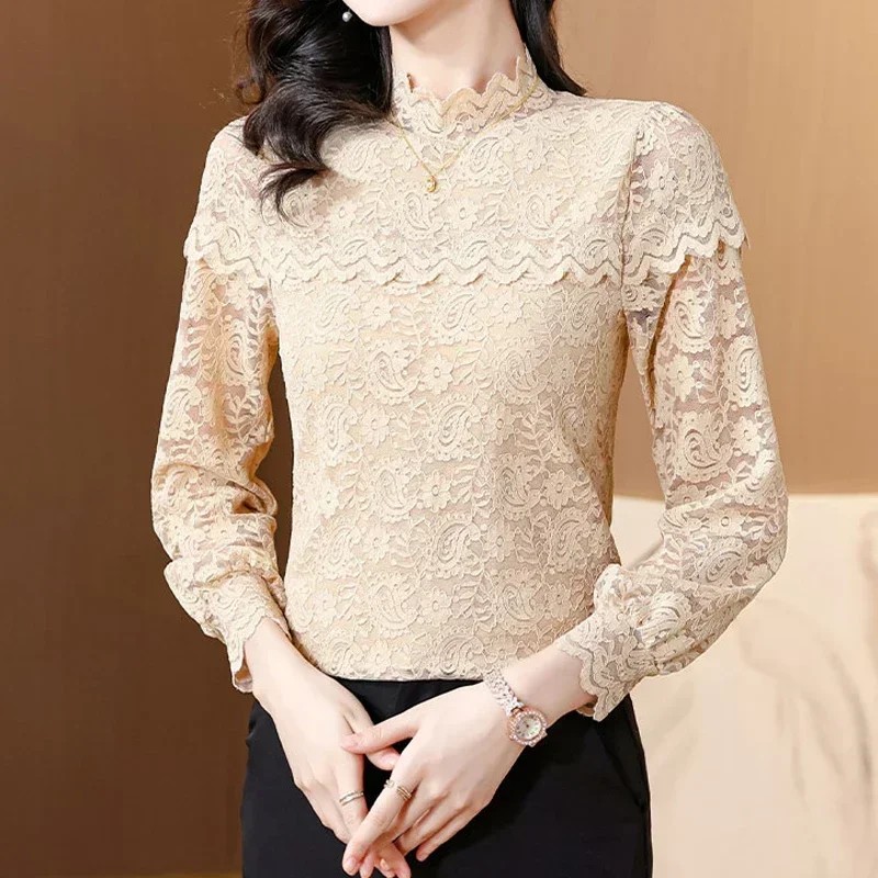 

Элегантные кружевные топы с цветочным узором на крючках, осенне-зимняя нижняя рубашка с полувысоким воротником, модная бархатная блузка с длинным рукавом, блузы 29928