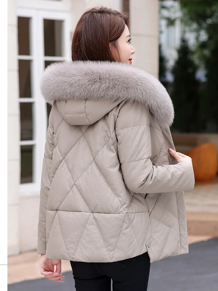 New Women Sheep Leather Down Jacket Winter Fashion Warm Hooded Real Fox Fur Collar Loose Leather Coat Casual Thicken Outerwear
