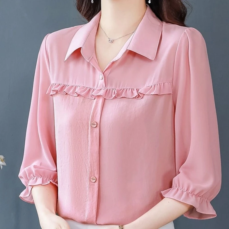 

2024 Summer New Chiffon Shirt Women's Leisure High End Western Style Age Reducing Split Sleeve Top Fashionable and Elegant Small