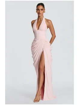 Women Solid Pleated Halter Dress Fashion Sleeveless Backless Waist-cinching Split Maxi Dresses 2026 Sexy Summer Party Gowns
