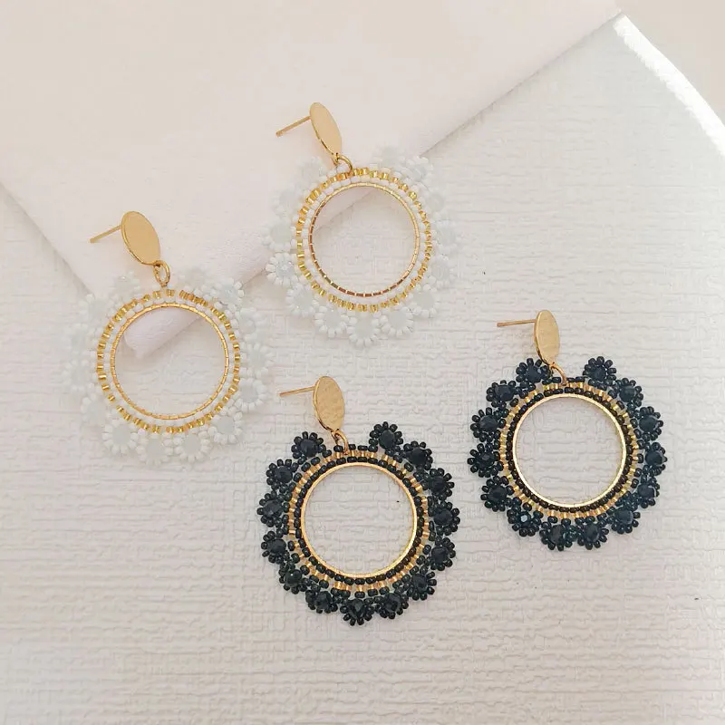 

Серьги из бисера, дизайн в виде Круга подсолнуха, оригинальные черные ручные вязаные богемные простые серьги из сплава