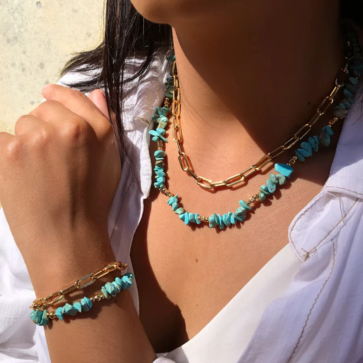 Fashion Natural Stone Chain Layered Necklace Bracelet for Women Bohemia Summer Beach Simple Turquoise Layered Jewelry Sets Gifts