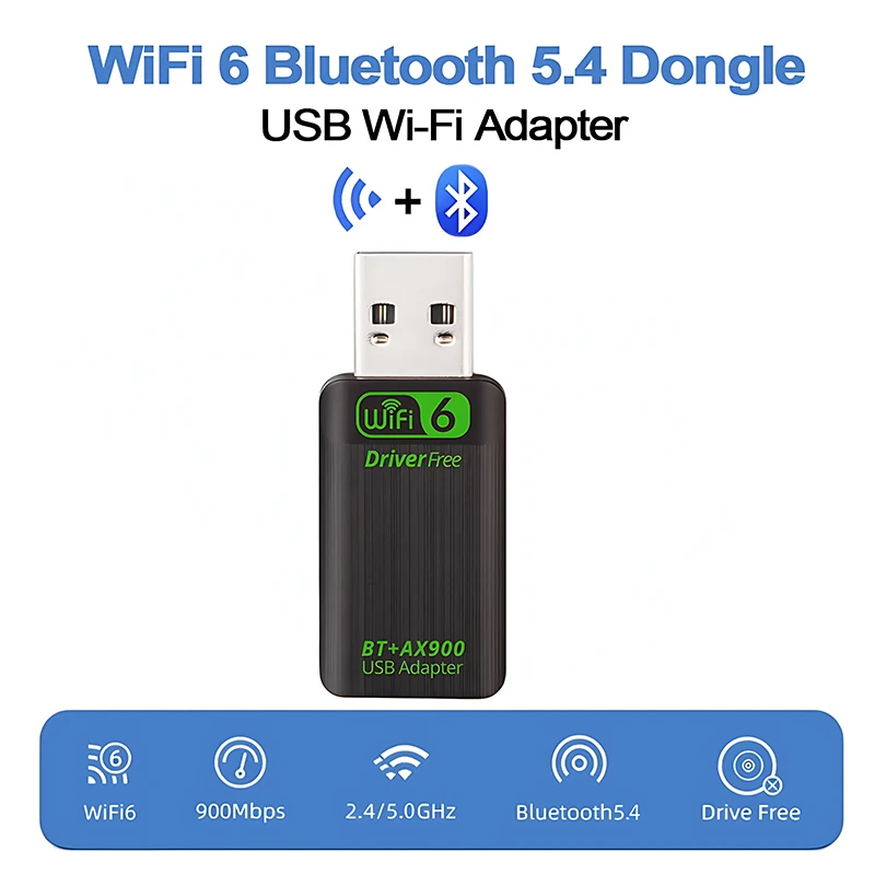 AX900 WIFI6 USB 어댑터 2 IN 1 블루투스 5.4 듀얼 밴드 2.4G&5GHz 900Mbps WiFi 6 802.11AX 고속 무선 네트워크 카드 수신기 동글 PC 노트북 WIN 10/11 드라