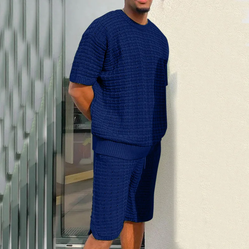 Summer Men Solid Color Two Piece Sets Short Sleeve O Neck T-shirts And Drawstring Shorts Suits For Mens Clothing Casual Outfits