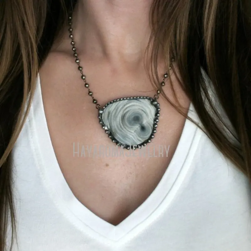 

NM43421 Brazilian Druzy Slice Necklace With Pyrite Chain Drusy Quartz Layering Galaxy Statement