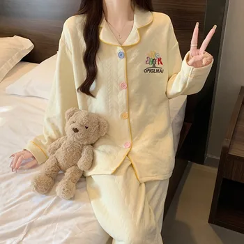 التطريز لطيف موضة جديدة المرأة منامة مجموعة جديد الخريف الشتاء لينة 2 قطعة مجموعة ملابس خاصة عادية التلبيب الرقبة المتسكعون للنساء 6