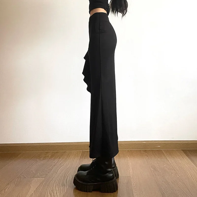 고딕 블랙 하이 웨이스트 바디콘 미드 스커트, E-Girl 펑크 러플 스플릿 A 라인 스커트, Y2K 패션, 여성 스트리트웨어 하의