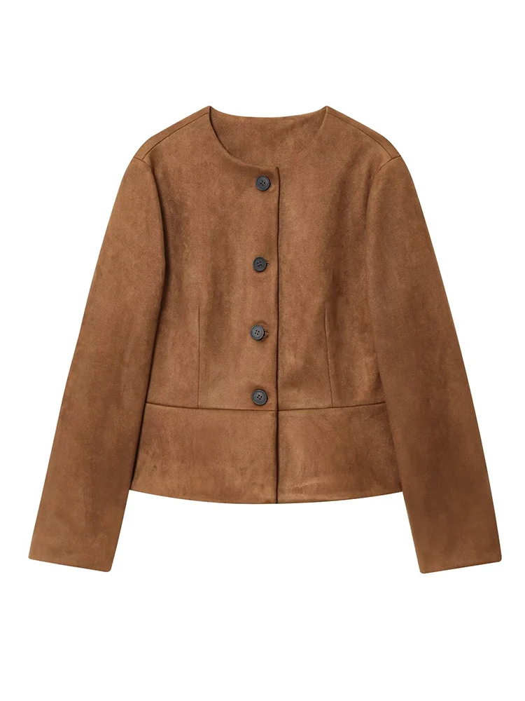 Women's Elegant Round Collar Jackets Autumn Winter Slim Fit Simple Style Commuter Short Coats Ladies Vintage Suede Jackets