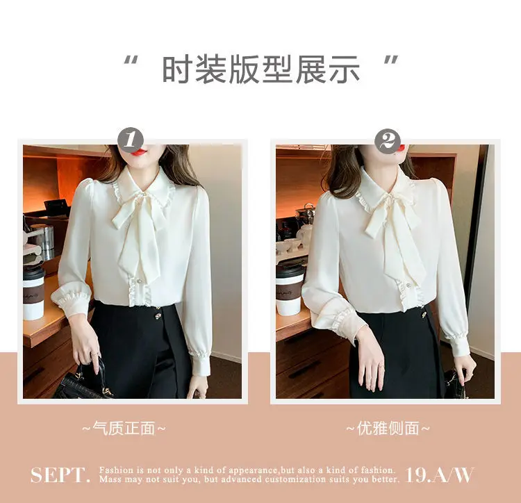Bow Tie White Chiffon Shirt 2022 Spring Summer Korean Fashion Blouse Lace Elegant Long Sleeve Shirt for Female Casual Clothing