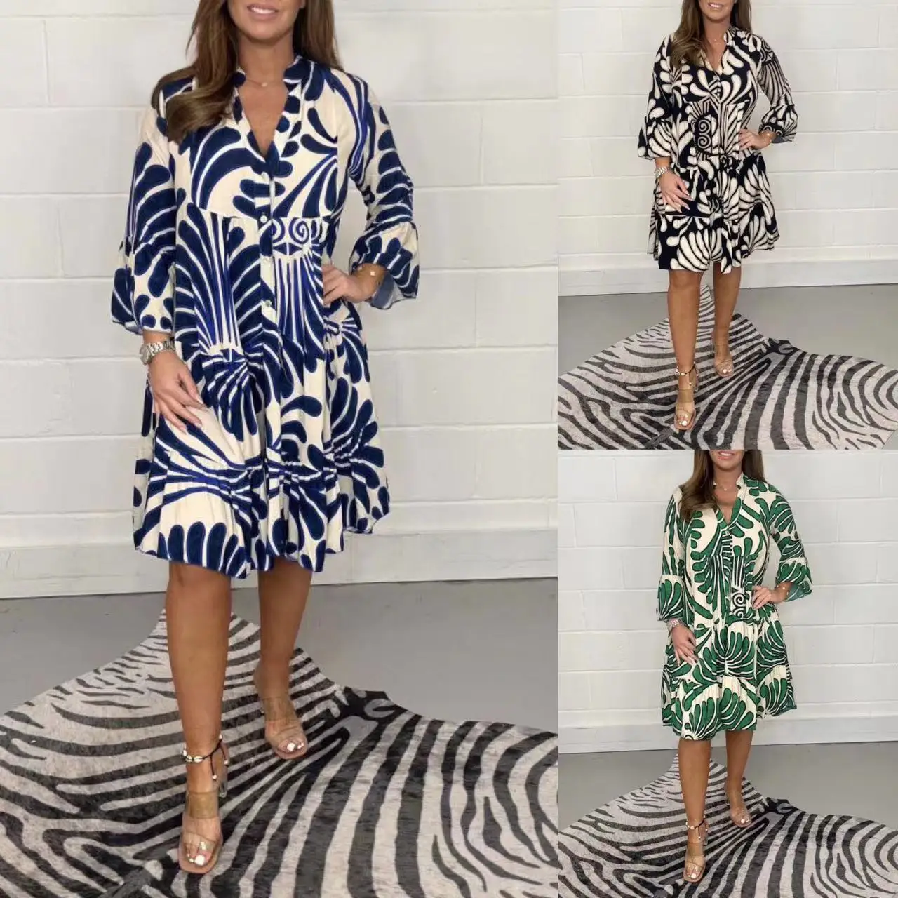 

Elegant Female Casual Long Dress 2023 Autumn Women Long Sleeve H Dress Fashion Lady Printed Geometry Single-breasted Party Dress