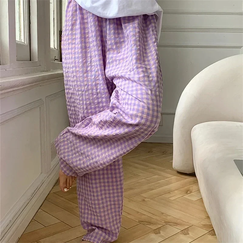 Women Sweatpants Oversized Plaid Wide Leg Casual Loose Elastic High Waist Trousers Harajuku Female Home Clothing