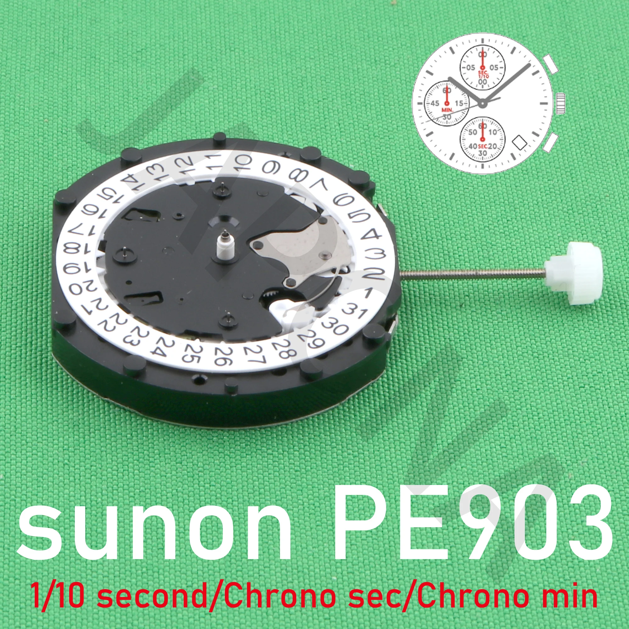 PE903 무브먼트 sunon PE90 중국 라인 쿼츠 세 손 3개 눈 및 날짜 소형 크로노그래프 초 및 분, 1/10초 pe903-3