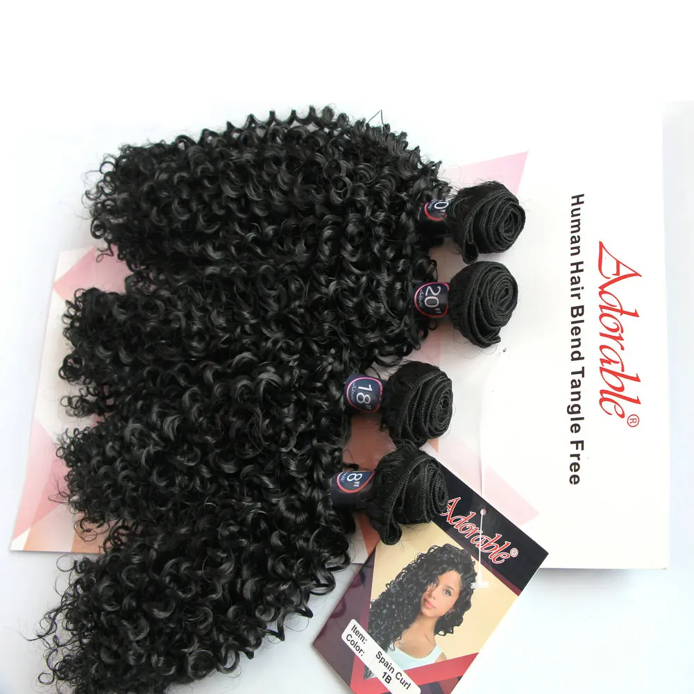 Adorable Natural Color Water Wave Hair Extensions For Black Woman,Small Kinky Curly Synthetic Hair Bundle Spain Curl 4pcs 18