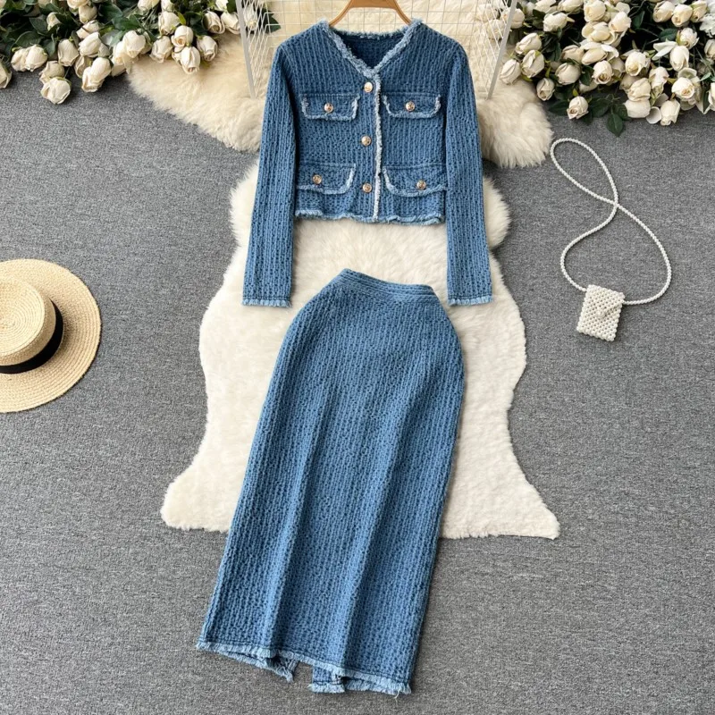 

New Fashion Vintage Denim Skirts Suit for Women Elegant Crop Jackets Coat Bodycon Slim Midi Skirts Chic Female Two Pieces Set