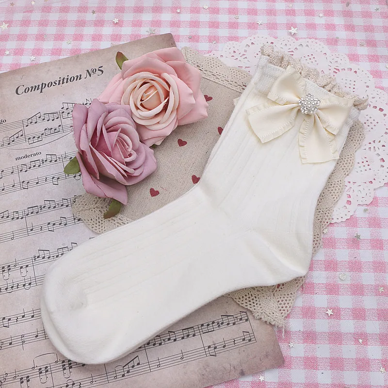 Japanese Rojita Sweet Lady Cute Bow Rhinestone Bucket Gentle Color Lace Socks Four Seasons Universal Women's Clothes Accessories