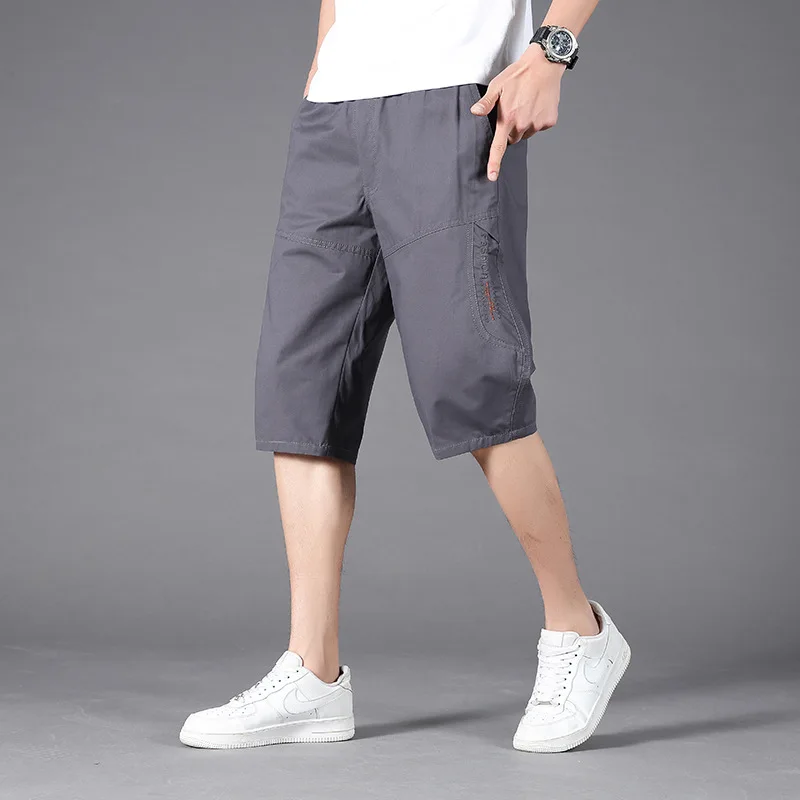 Summer Men's Pure Cotton Casual Shorts Oversized Loose Fitting Cropped Pants Solid Color Multi Pocket Workwear Capris