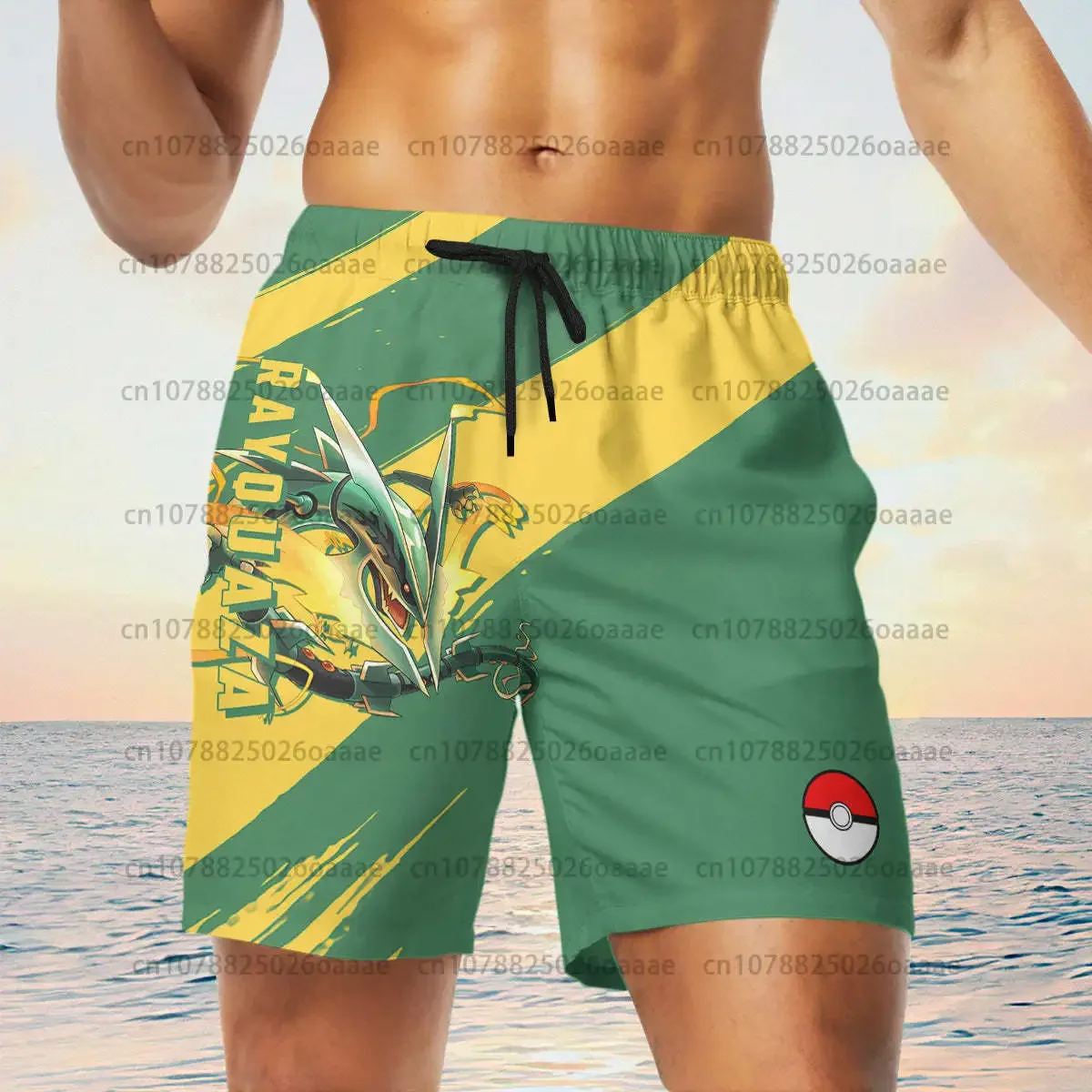 

2024 Pokemon Rayquaza 3D Printing Men's Kids Beach Shorts Summer Cartoon Casual Loose Breathable Running Swimming Men's Shorts