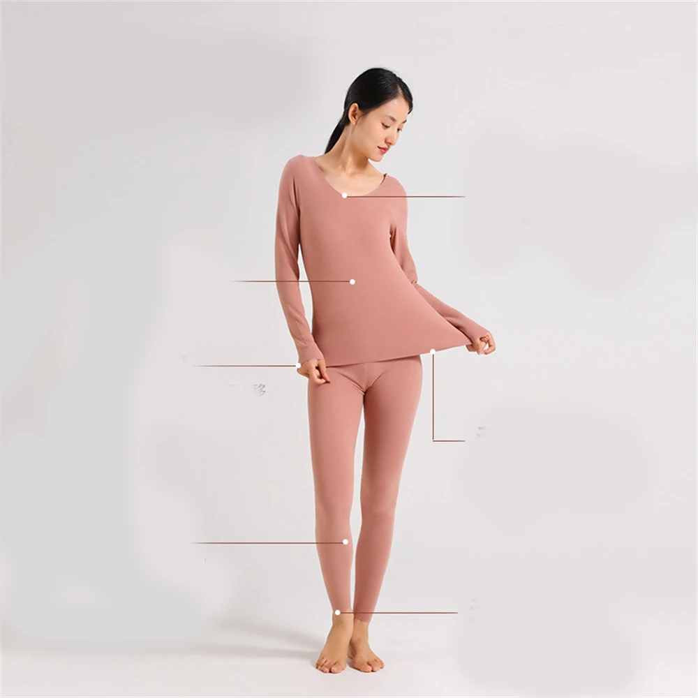 Women Seamless Thermal Underwear Suit Plus Velvet Bottoming Lingerie Slim Large Size O-Neck Long-sleeved Trousers Two-piece Set