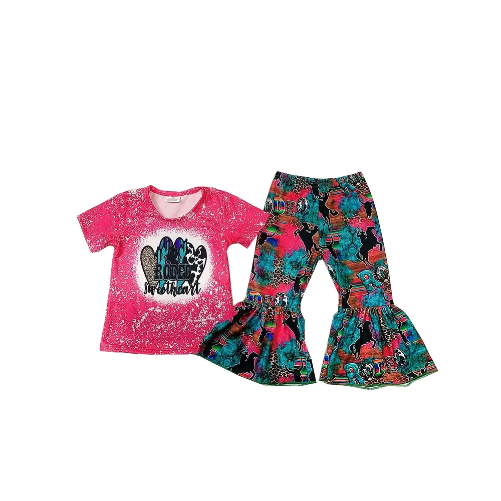 

Baby Girl fashion Clothes Children Short Sleeve Letter Shirt top Set Kids Cow Print Bell Bottom Pants Wholesale infant outfit
