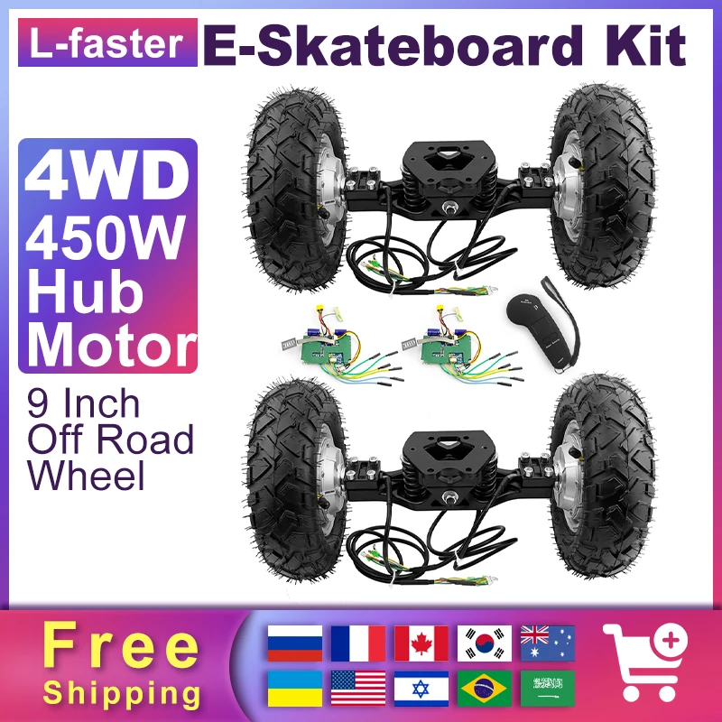 

Electric Skateboard Brushless Hub Motor Truck Kit, Off Road Wheels, DIY, 40 km/h, 4WD, 9 Inch, 36V, 450W
