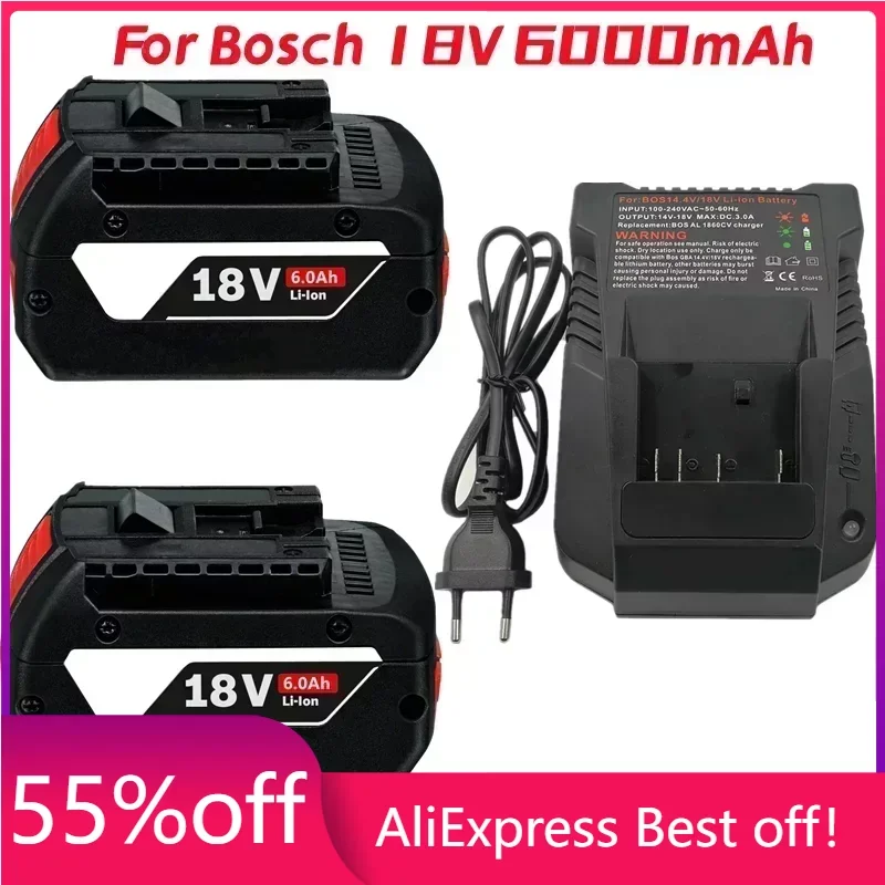 

1-3PSC 18V Battery For Bosch GBA 18V 6.0Ah Lithium BAT609 BAT610G BAT618 BAT618G 17618-01 BAT619G BAT622 SKC181-202L +charger