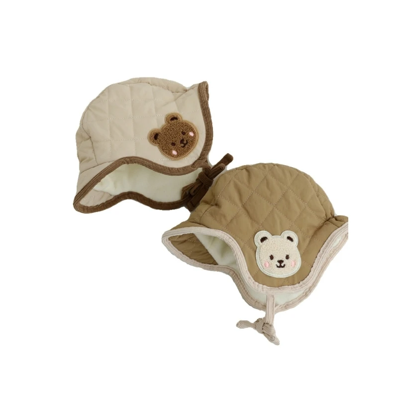 

Beanie Hat Earflaps Baby Hat Embroidery Bear Bonnet Caps Winter Warm Hat for Kid P31B