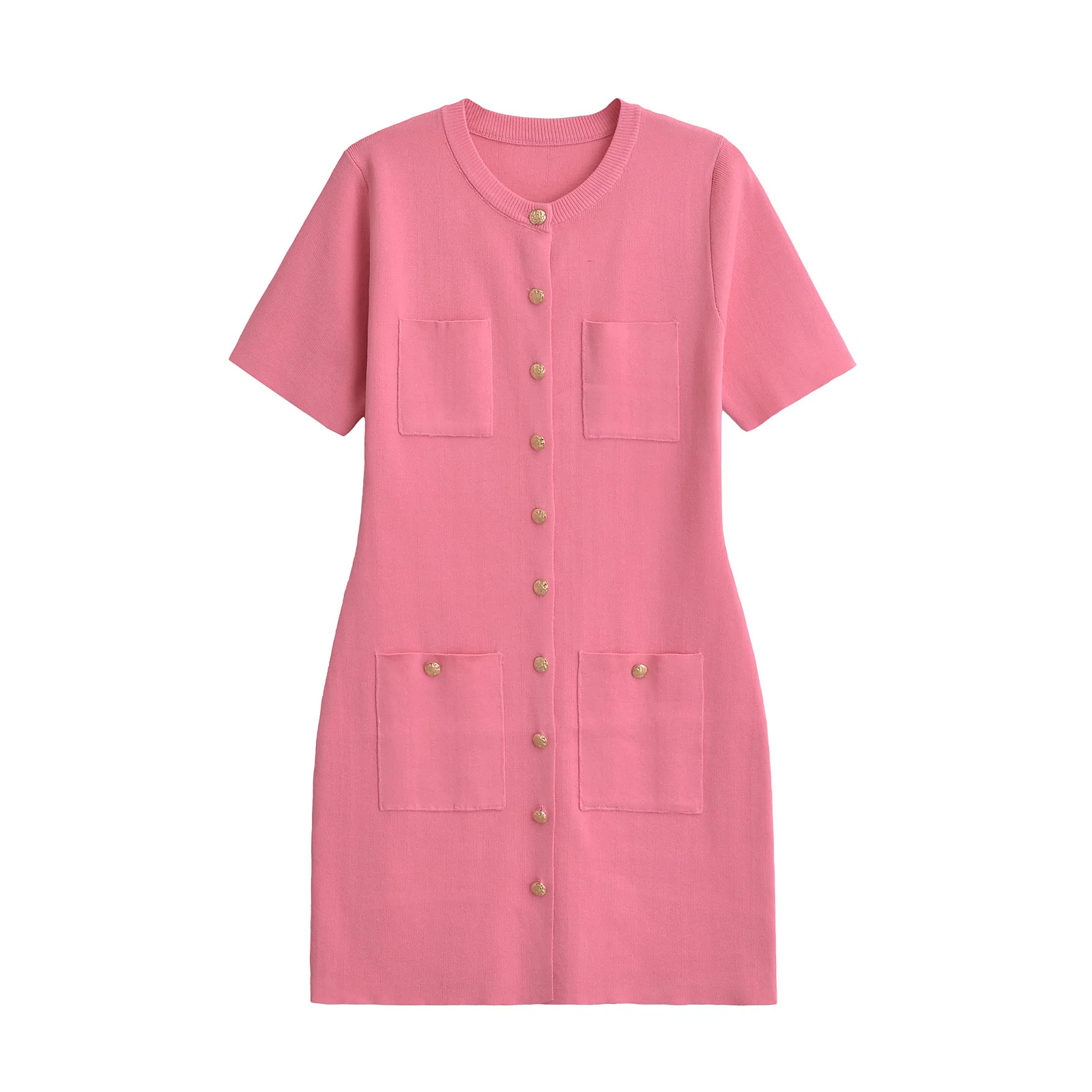 HH TRAF Vestido mini elegante para mujer, liso, cuello redondo, manga corta, múltiples bolsillos, decorado, un solo pecho, vestido de verano para mujer a la moda